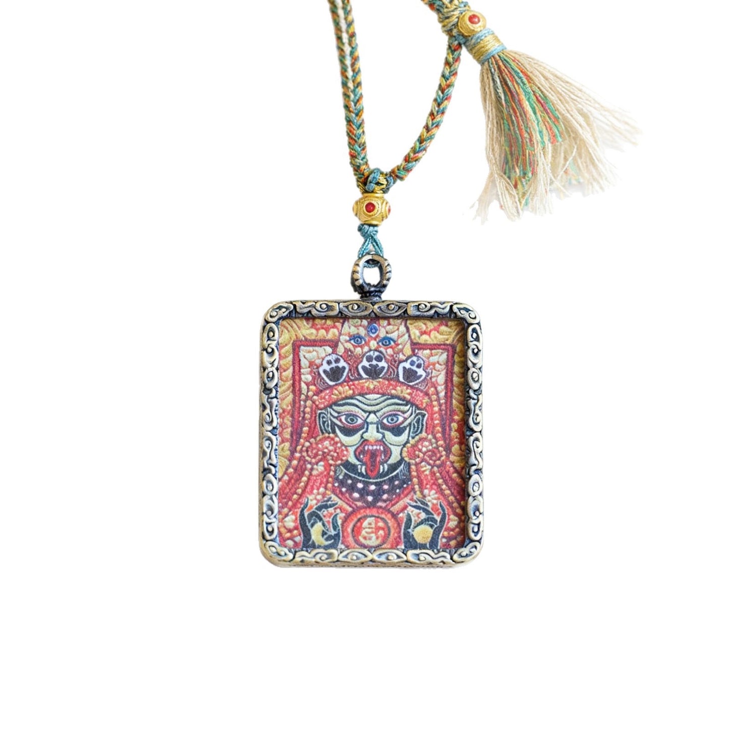 Tibetan Style Zhaxi Lhamo Zodiac Guardian Buddha, Hand-Painted Thangka Gau Box Pendant Necklace, Spiritual Connection Amulet for Men & Women with Chain