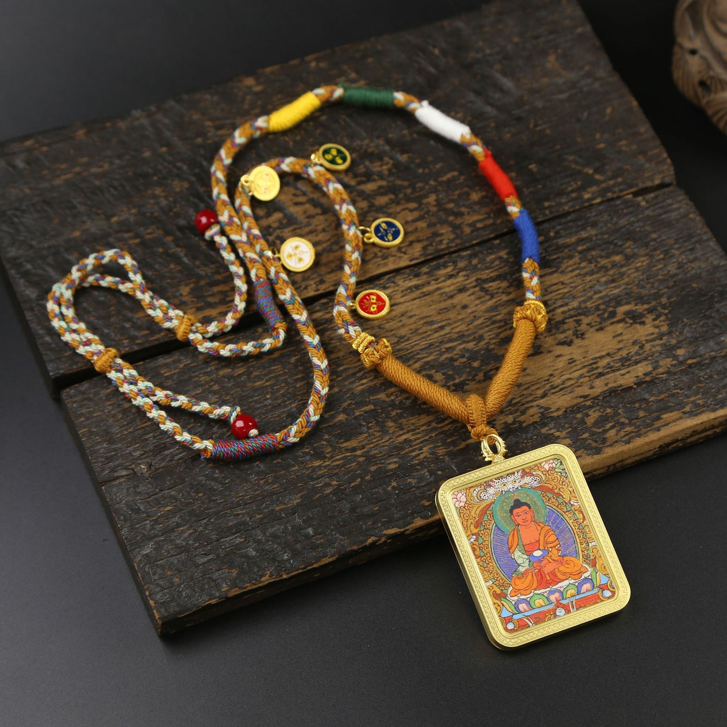 Hand-Painted & Gold-Drawn Tibetan Thangka Pendant, Eight Great Dharma Protectors, God of Five Mountains, Manjushri, Zodiac Guardian Buddha Necklace, Hand-Woven Rope, Tibetan Style