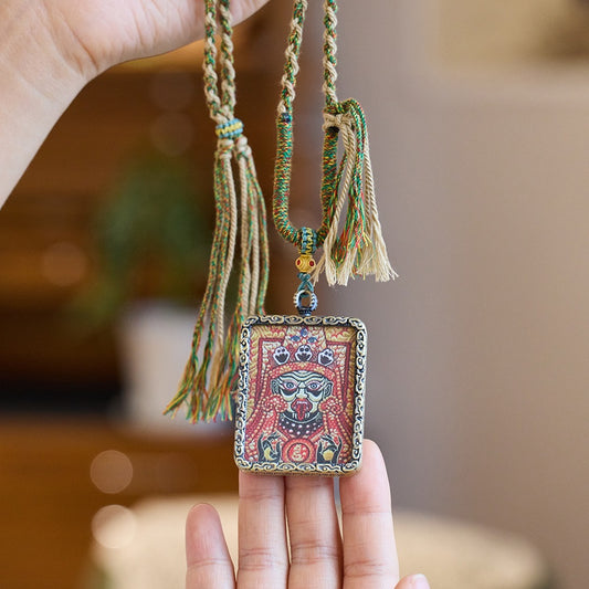 Tibetan Style Zhaxi Lhamo Zodiac Guardian Buddha, Hand-Painted Thangka Gau Box Pendant Necklace, Spiritual Connection Amulet for Men & Women with Chain