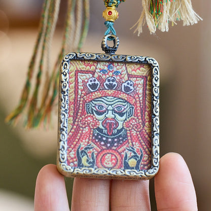 Tibetan Style Zhaxi Lhamo Zodiac Guardian Buddha, Hand-Painted Thangka Gau Box Pendant Necklace, Spiritual Connection Amulet for Men & Women with Chain