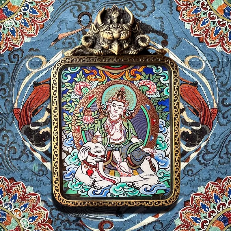 Hand-Painted Tibetan Thangka Pendant, Zhaxi Lhamo, Mahakala, Manjushri, Medicine Buddha, Samantabhadra, Protective Amulet