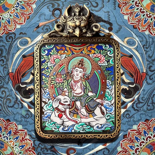 Hand-Painted Tibetan Thangka Pendant, Zhaxi Lhamo, Mahakala, Manjushri, Medicine Buddha, Samantabhadra, Protective Amulet