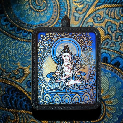 Hand-Painted Tibetan Thangka Pendant, Zhaxi Lhamo, Mahakala, Manjushri, Medicine Buddha, Samantabhadra, Protective Amulet