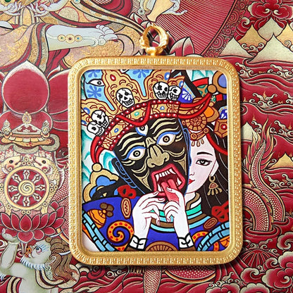 Hand-Painted Tibetan Thangka Pendant, Zhaxi Lhamo, Mahakala, Manjushri, Medicine Buddha, Samantabhadra, Protective Amulet