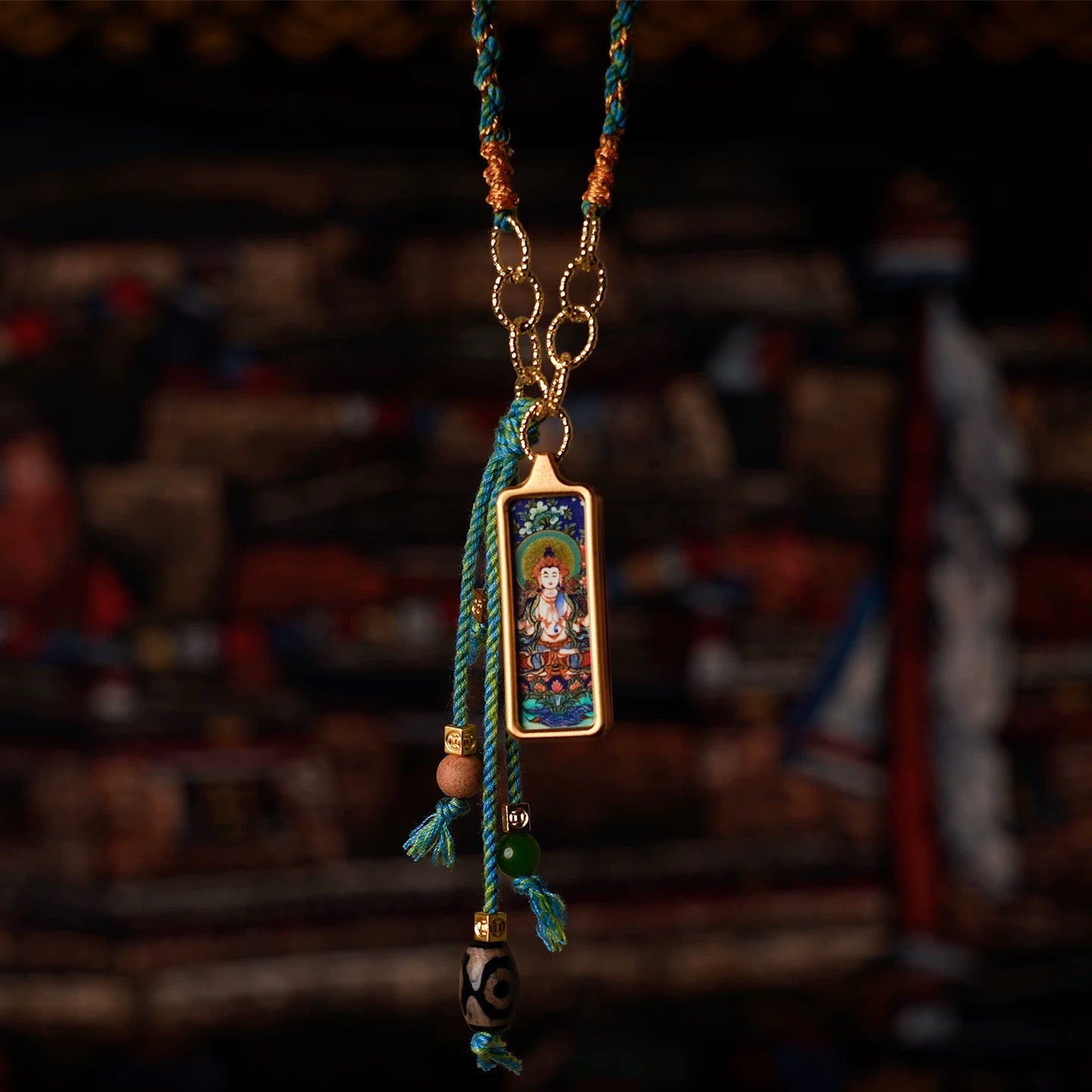 1cm x 3cm Tibetan Thangka Pendant Necklace, Green Tara/Black Jambhala/Zhaxi Lhamo/Yellow Jambhala, Medicine Buddha, Protective Amulet with Chain