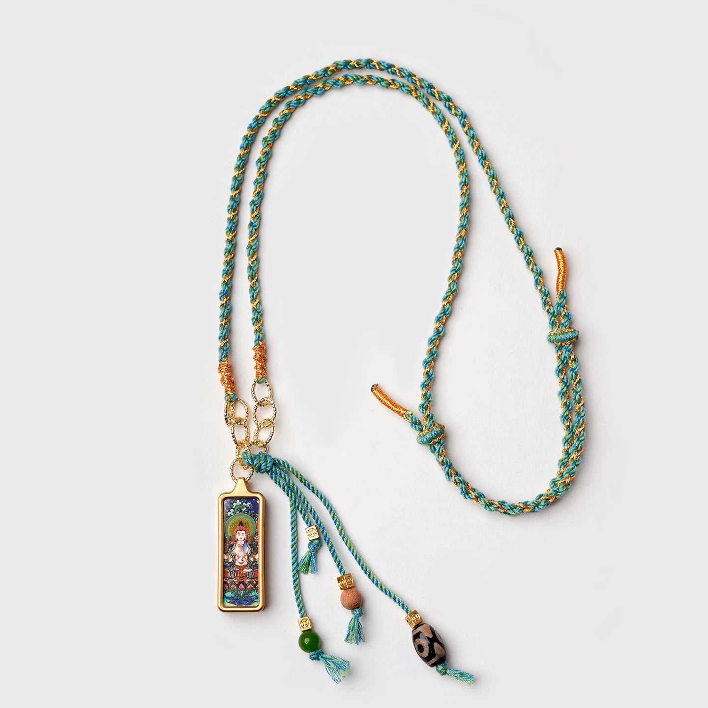 1cm x 3cm Tibetan Thangka Pendant Necklace, Green Tara/Black Jambhala/Zhaxi Lhamo/Yellow Jambhala, Medicine Buddha, Protective Amulet with Chain