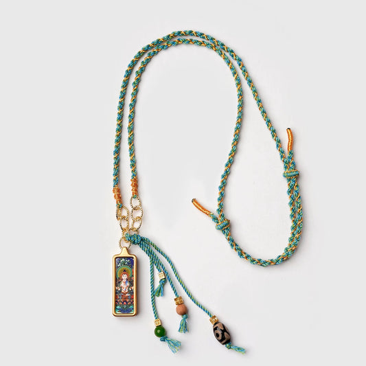 1cm x 3cm Tibetan Thangka Pendant Necklace, Green Tara/Black Jambhala/Zhaxi Lhamo/Yellow Jambhala, Medicine Buddha, Protective Amulet with Chain