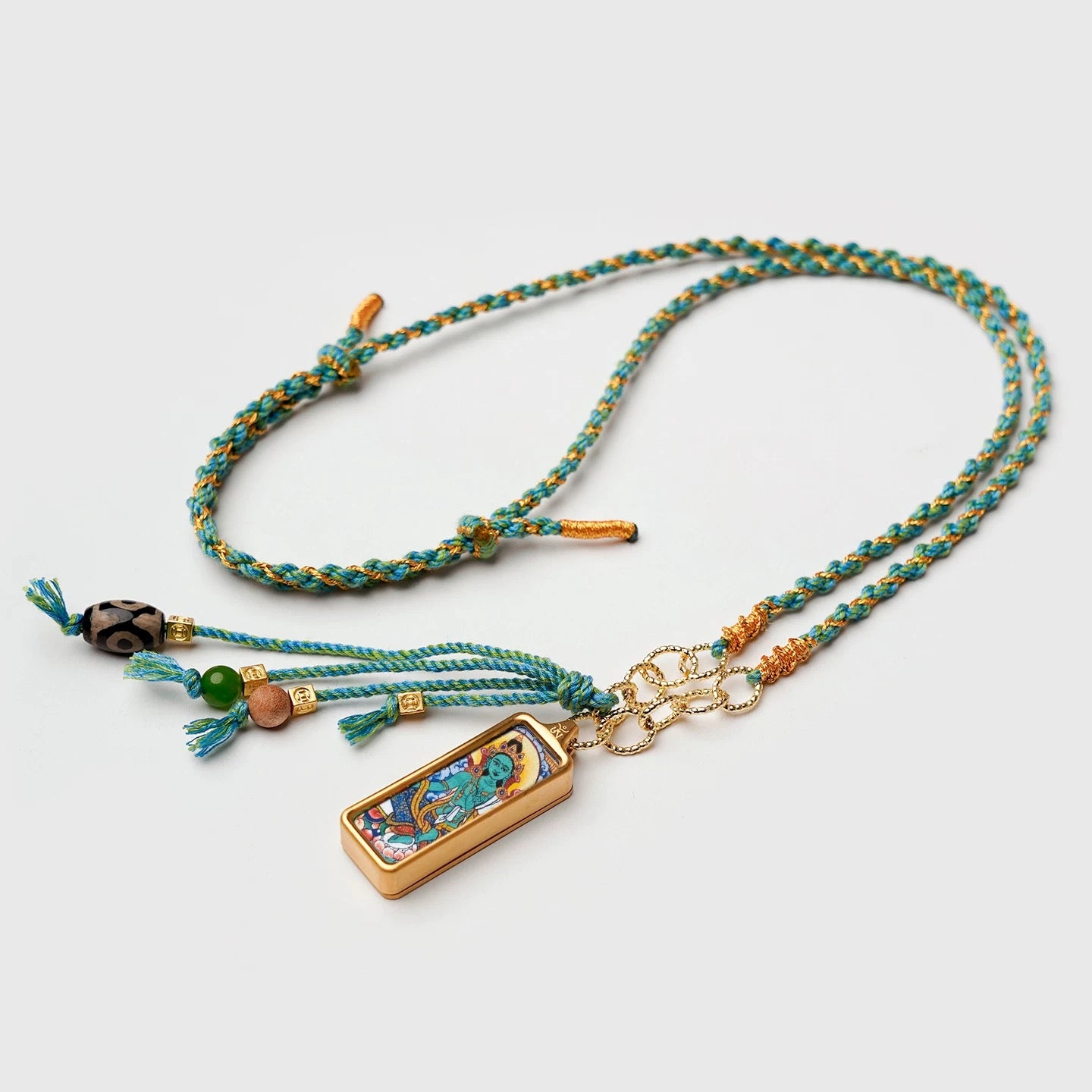 1cm x 3cm Tibetan Thangka Pendant Necklace, Green Tara/Black Jambhala/Zhaxi Lhamo/Yellow Jambhala, Medicine Buddha, Protective Amulet with Chain