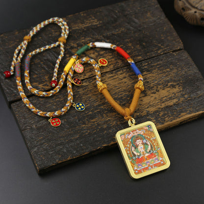 Hand-Painted & Gold-Drawn Tibetan Thangka Pendant, Eight Great Dharma Protectors, God of Five Mountains, Manjushri, Zodiac Guardian Buddha Necklace, Hand-Woven Rope, Tibetan Style