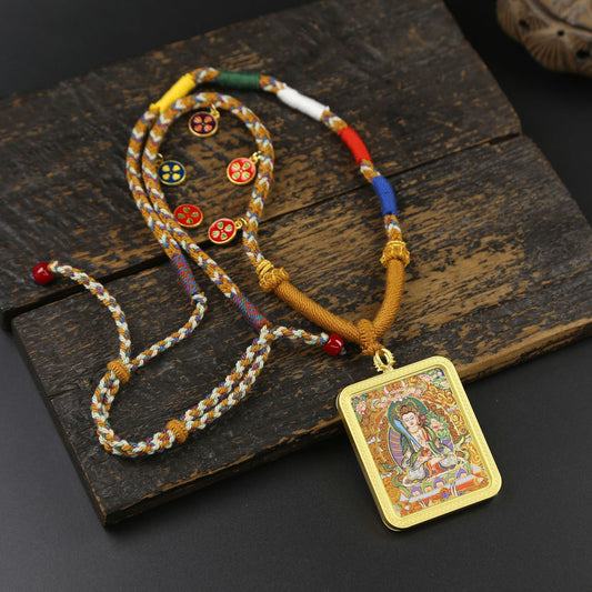 Hand-Painted & Gold-Drawn Tibetan Thangka Pendant, Eight Great Dharma Protectors, God of Five Mountains, Manjushri, Zodiac Guardian Buddha Necklace, Hand-Woven Rope, Tibetan Style