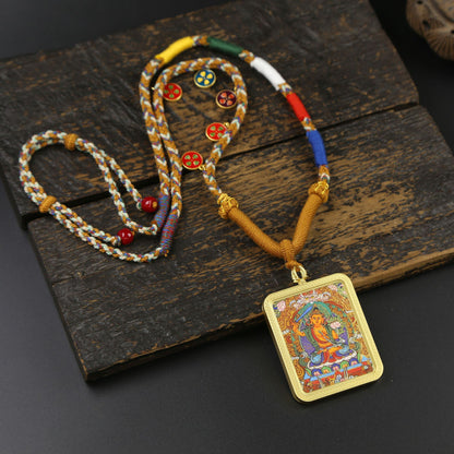 Hand-Painted & Gold-Drawn Tibetan Thangka Pendant, Eight Great Dharma Protectors, God of Five Mountains, Manjushri, Zodiac Guardian Buddha Necklace, Hand-Woven Rope, Tibetan Style