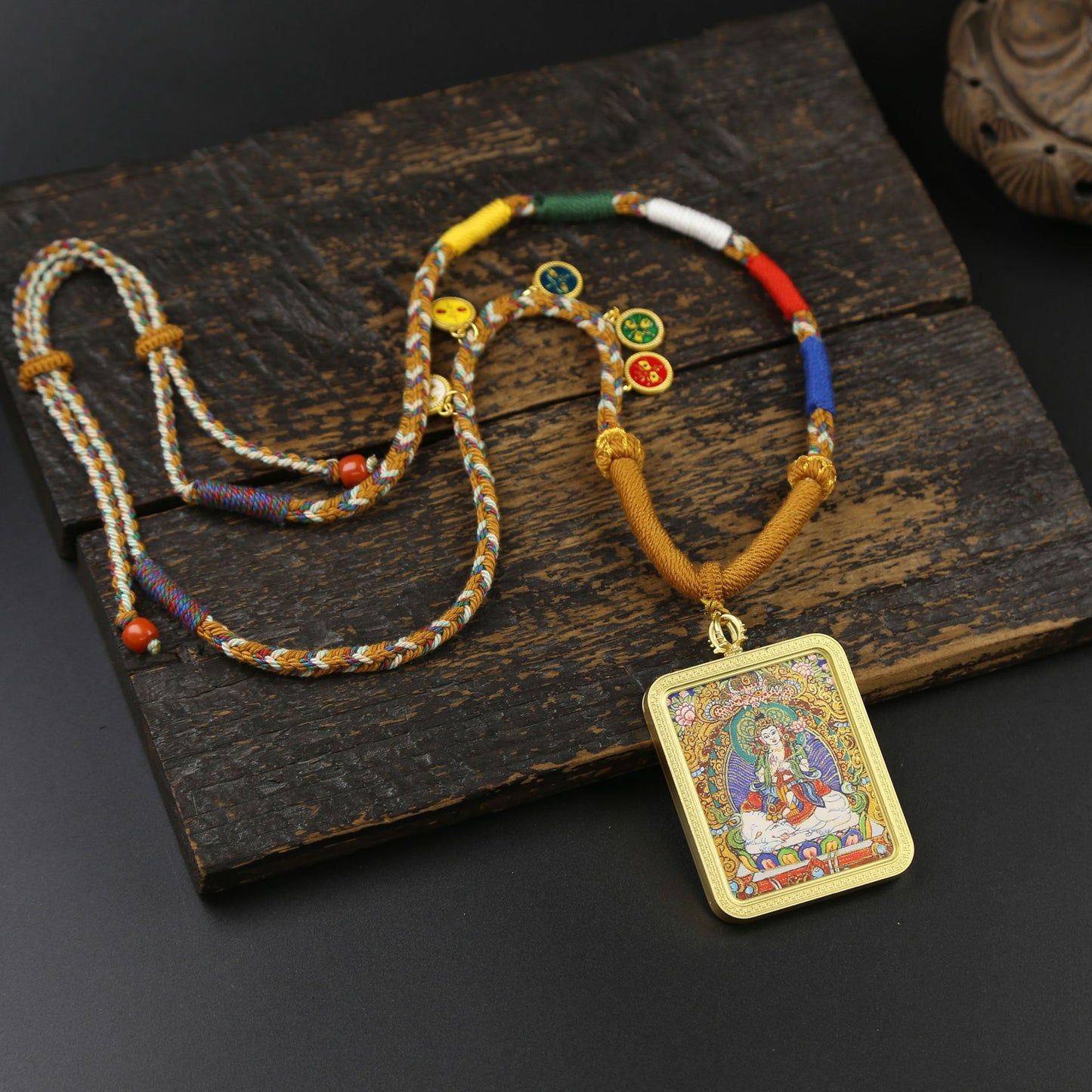 Hand-Painted & Gold-Drawn Tibetan Thangka Pendant, Eight Great Dharma Protectors, God of Five Mountains, Manjushri, Zodiac Guardian Buddha Necklace, Hand-Woven Rope, Tibetan Style