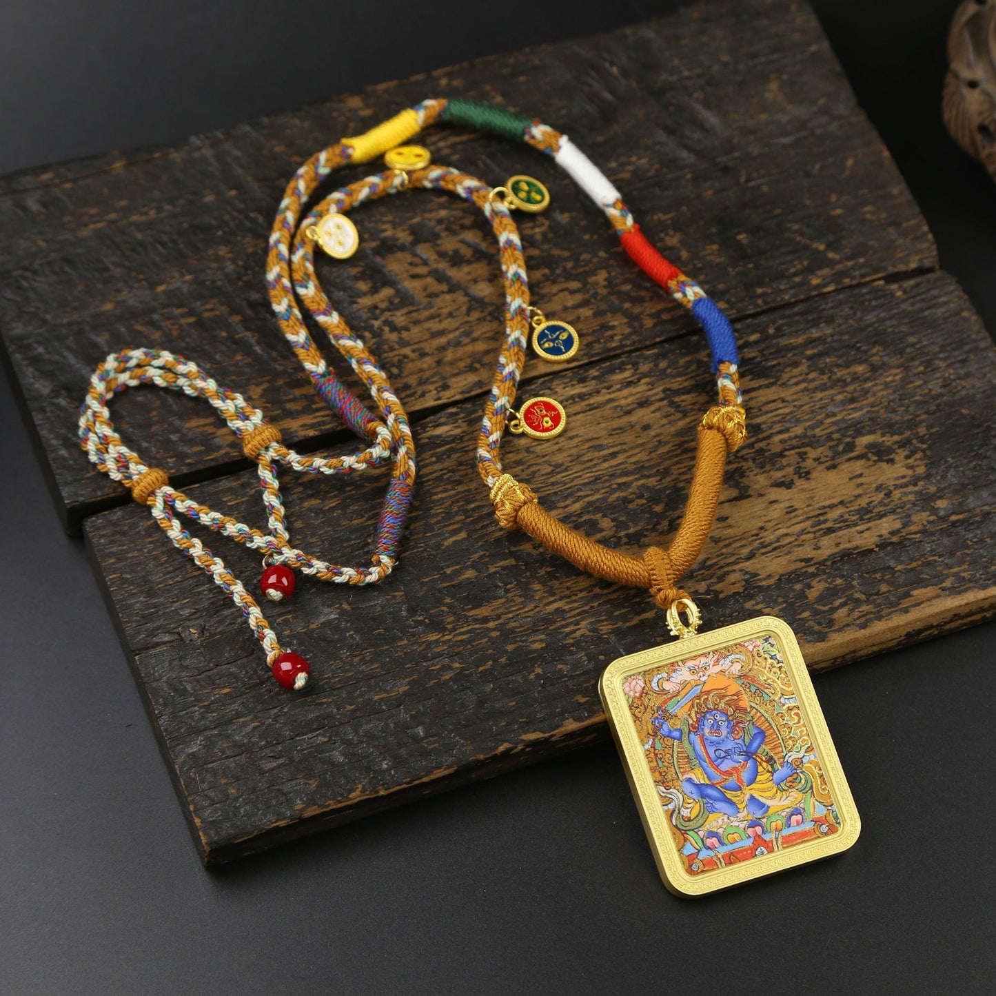 Hand-Painted & Gold-Drawn Tibetan Thangka Pendant, Eight Great Dharma Protectors, God of Five Mountains, Manjushri, Zodiac Guardian Buddha Necklace, Hand-Woven Rope, Tibetan Style